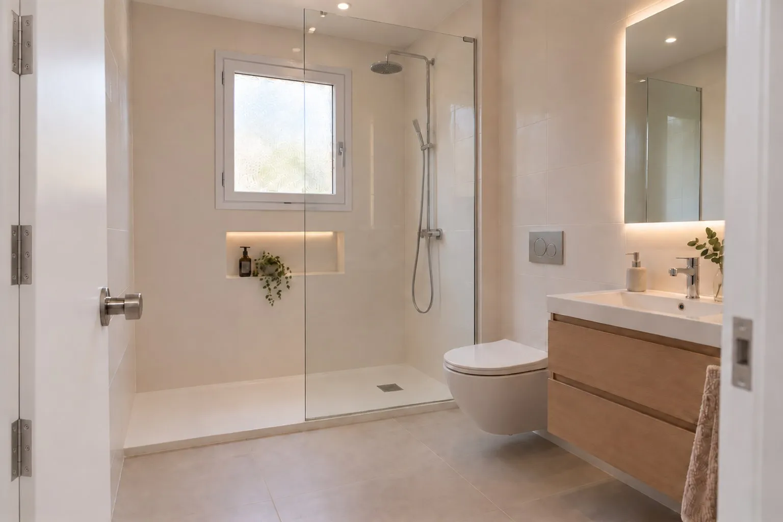 Baño reformado en El Calvario, Torremolinos, con plato de ducha, mampara y mueble de lavabo suspendido