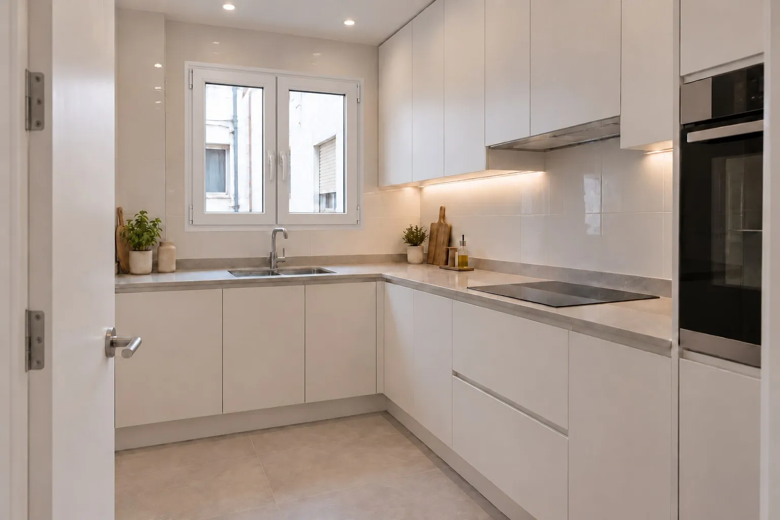 Cocina blanca reformada en Los Álamos, Torremolinos, con placa de inducción y horno en columna